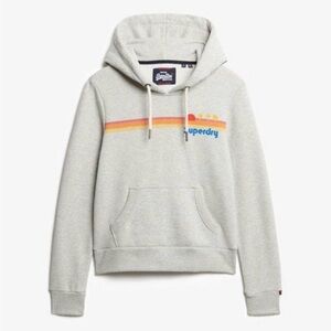 Superdry Light Grey Hoodie with Orange-Yellow Retro Stripe Size 10